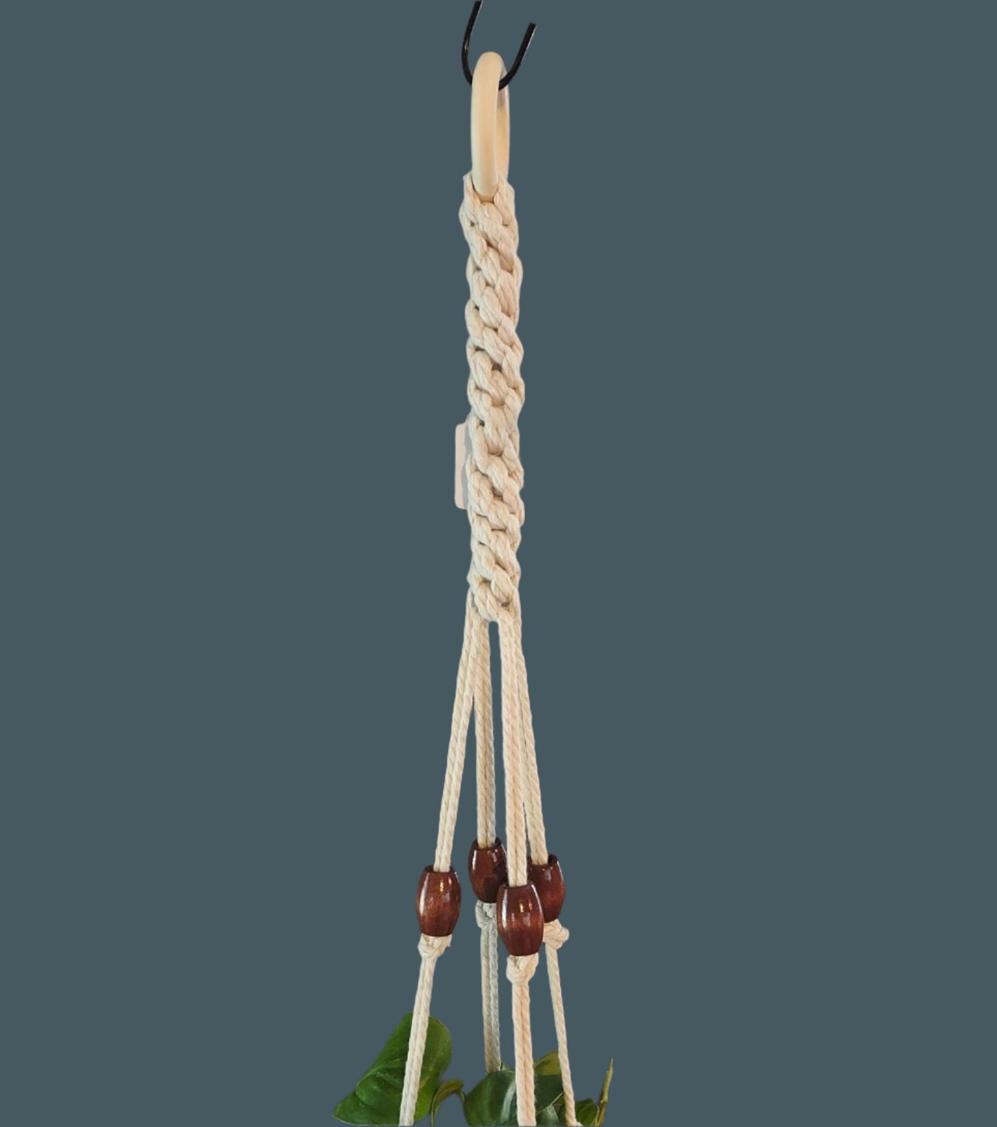 Distinctive plant hanger with decorative crown knots, a single large bead per arm, and a tassel